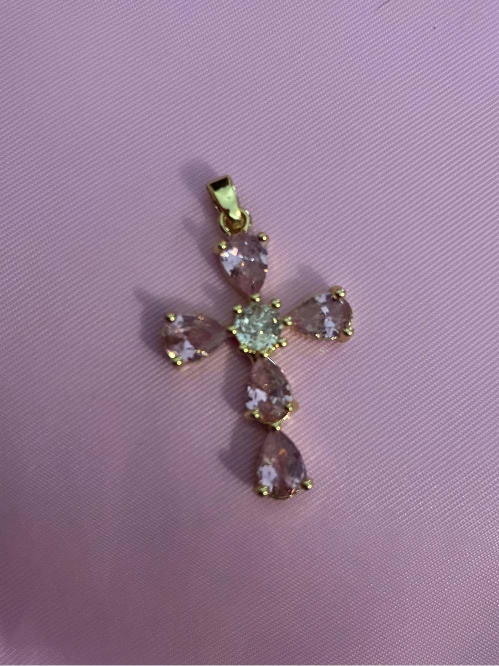 Gold Cross Pendant with Pink Teardrop Stones